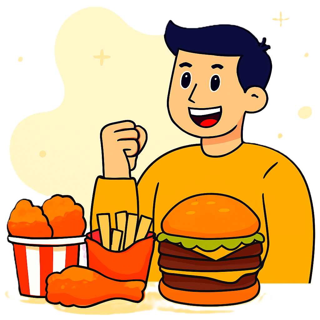 Illustration: boy with burger, fried chicken and fries